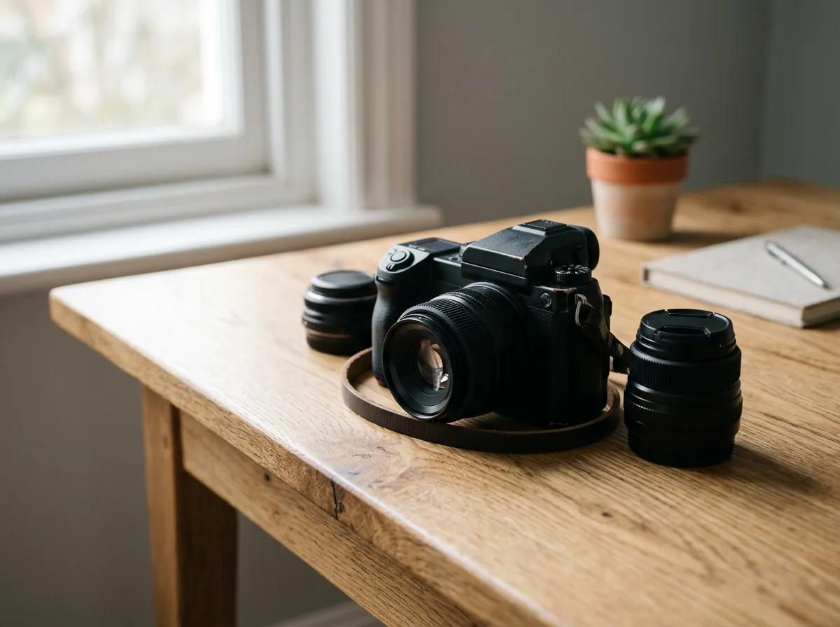 Miljöbild – camera and lenses on a desk
