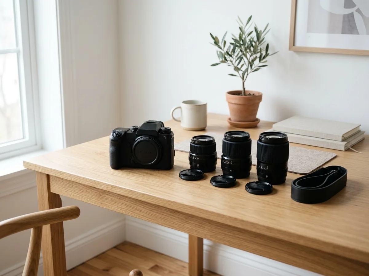 Miljöbild – camera and lenses on a desk